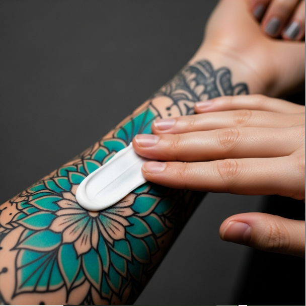 Lienzo de piel Primer plano de una mano aplicando suavemente una fina capa de crema blanca sobre un antebrazo recién tatuado, asegurando una cobertura completa. El tatuaje es vibrante y la piel luce sana. La imagen transmite cuidado, precisión e higiene