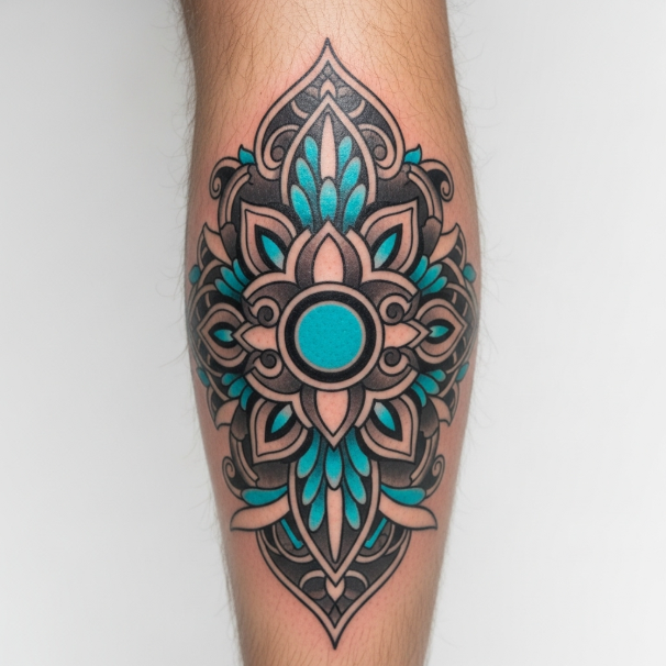 Lienzo de Piel Tatoo Primer plano de una pantorrilla con un tatuaje completamente curado. La piel se ve suave, sana y vibrante, con los colores del tatuaje brillantes y definidos. La imagen transmite la belleza y la durabilidad de un tatuaje bien cuidado.