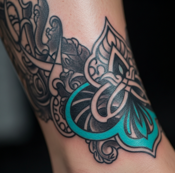 Lienzo de Piel Tatoo Primer plano de un antebrazo recién tatuado en una etapa de curación saludable. La piel muestra signos sutiles de curación normal, como una ligera descamación y un brillo suave, pero luce principalmente lisa, vibrante y bien cuidada
