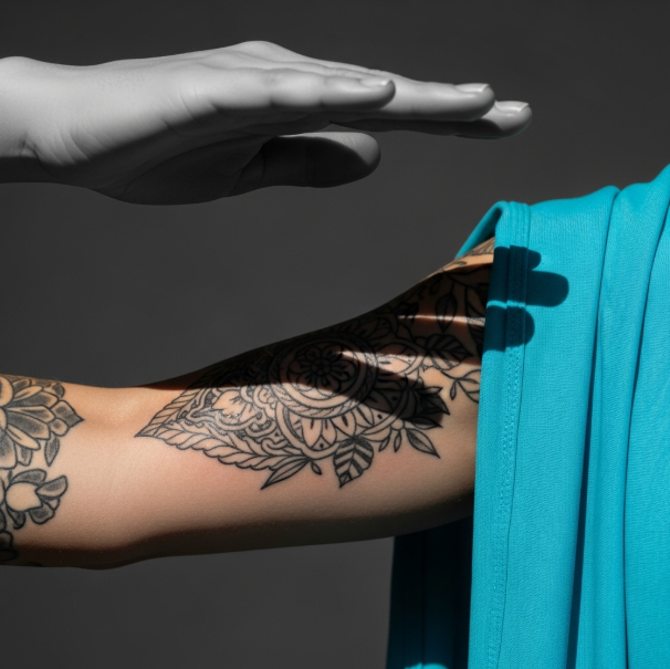 Lienzo de piel Brazo recién tatuado protegido del sol con una mano que crea sombra y una tela ligera de color turquesa eléctrico. La imagen transmite la importancia de evitar el sol para una curación óptima