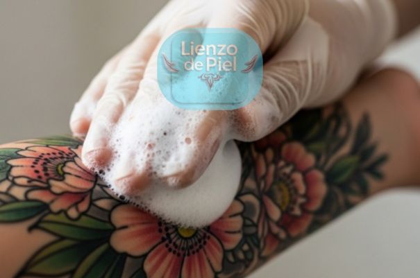 mano enguantada aplicando espuma suave sobre un tatuaje floral en el brazo, limpieza de tatuajes