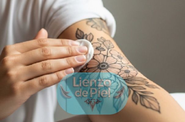 mujer joven cuidando suavemente un tatuaje de flores recién hecho en su brazo, limpieza y mantenimiento del tatuaje