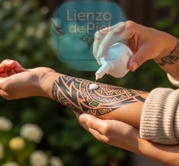 persona aplicando loción hidratante en un tatuaje tribal curado y vibrante en su brazo