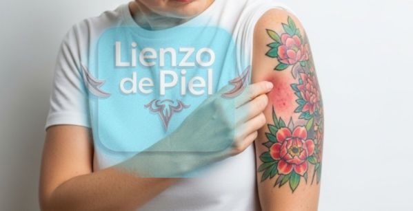 mujer examinando un tatuaje floral en su brazo con una leve irritación o enrojecimiento Lienzo de Piel
