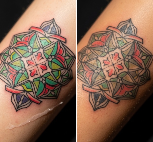 comparación de tatuaje nuevo vibrante y tatuaje curado desvanecido por el sol