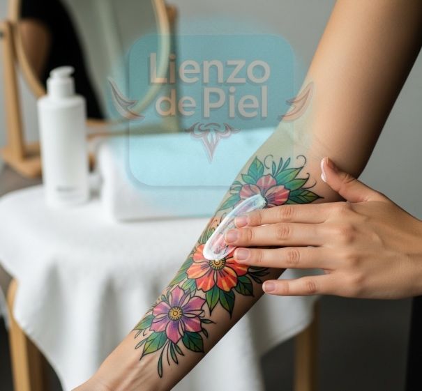 manos aplicando suavemente loción hidratante sobre un tatuaje floral vibrante y curado en un brazo